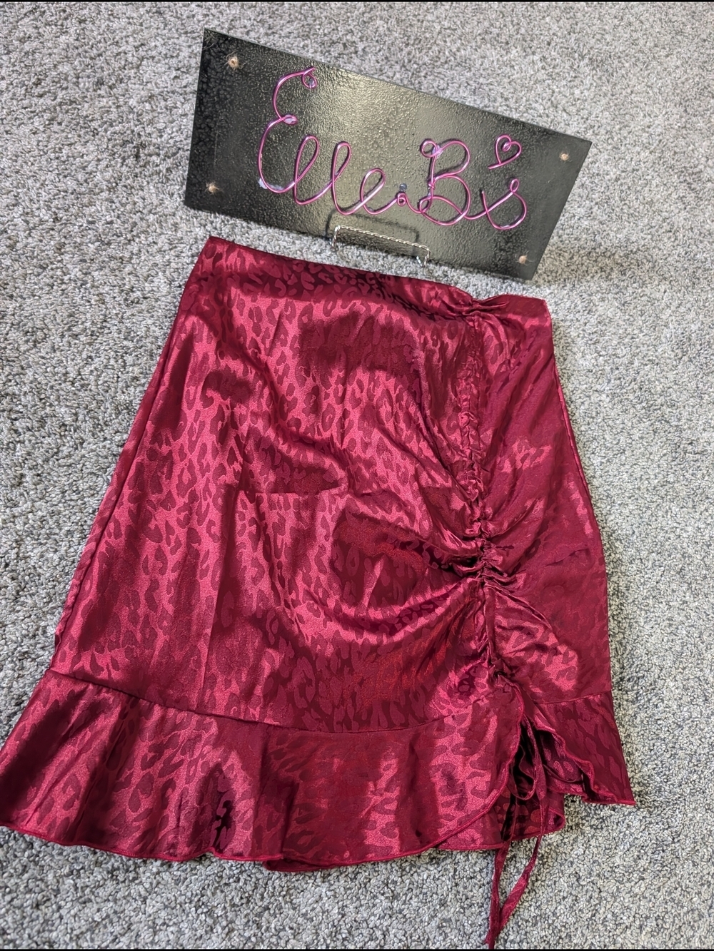 Red Wine Satin Like Animal-Print Ruched Mini Skirt